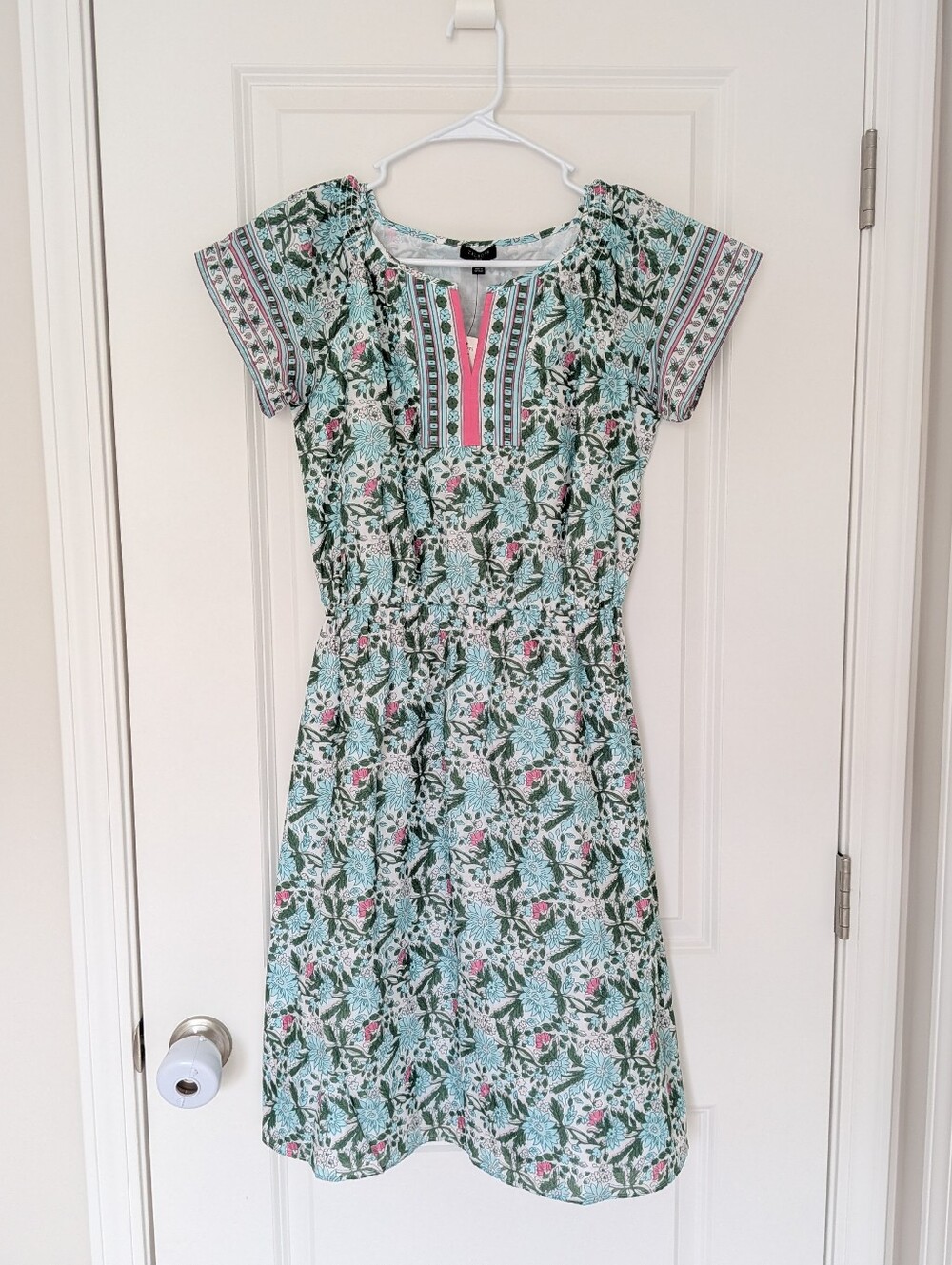 NWT Talbots Floral Short-Sleeve Cotton Dress in Mint and Pink